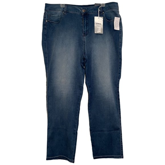 Avenue Denim - AVENUE Women's Straight Leg Medium Stone Wash Blue Faded Jeans Denim Size 22 NEW